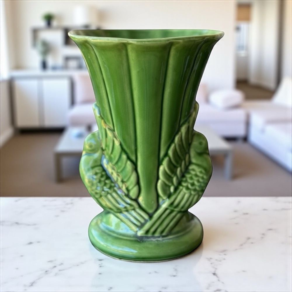 Vintage Shawnee Pottery Double Dove Green Vase Mid Century 1940s